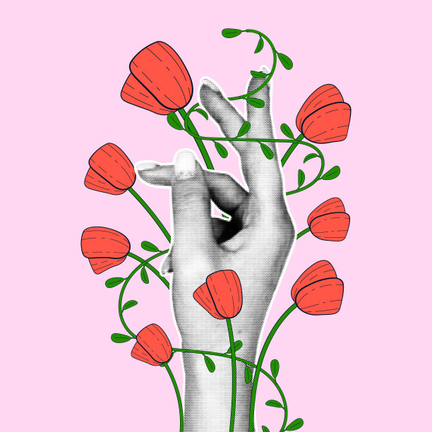 一个女人的手，半色调的效果与卡通风格的郁金香交织在一起。复古拼贴风格的现代春天插画。图片下载