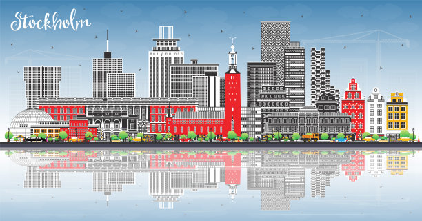 瑞典斯德哥尔摩城市天际线与彩色建筑，蓝色的天空和反射。斯德哥尔摩城市景观与地标。以现代和历史建筑为旅游理念。图片下载