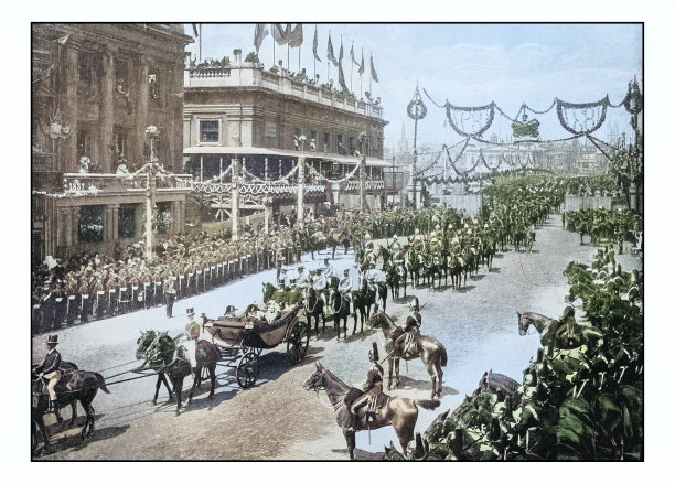 古伦敦照片:殖民时期的游行队伍经过伦敦桥图片下载