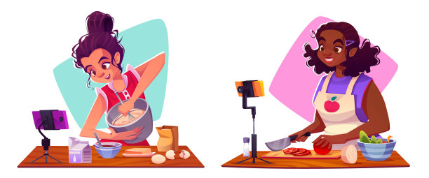 美食视频博客-卡通矢量插图图片下载