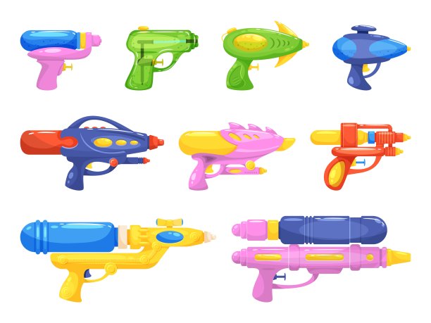塑料水武器。儿童玩具枪和液体射击手枪，儿童夏季浇注游戏，泼水节泰式节日元素，不同形式和大小的水枪卡通平面隔离矢量集图片下载