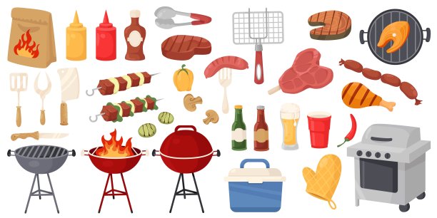 烧烤派对元素。烤肉和配料。烧烤野餐。在明火上烹饪。辣椒酱和番茄酱。香肠和烤鱼片。蔬菜和牛排。最近向量集图片下载