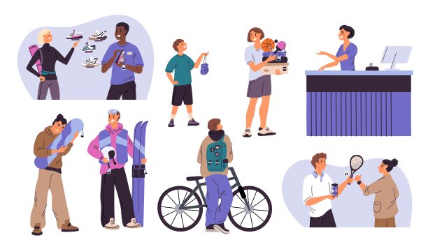 快乐的体育用品买家。人们选择运动鞋和运动服。收银员处的卖家。运动员买自行车和滑板。顾问帮助客户。格里什向量集图片下载