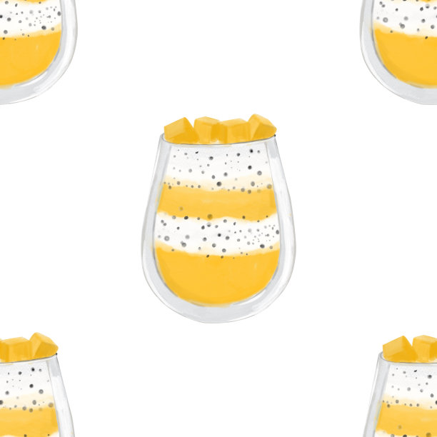 水彩图案芒果冰沙玻璃玻璃，健康食品，芒果布丁和奇亚籽。无缝打印与芒果奶昔图片下载