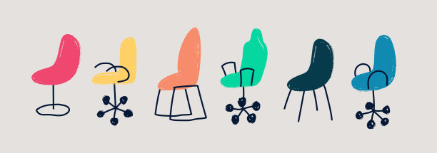 办公室的彩色椅子。一套儿童手绘图标。不同颜色和形状的矢量椅子的集合。卡通平面插图。矢量插图在白色的背景。图片下载