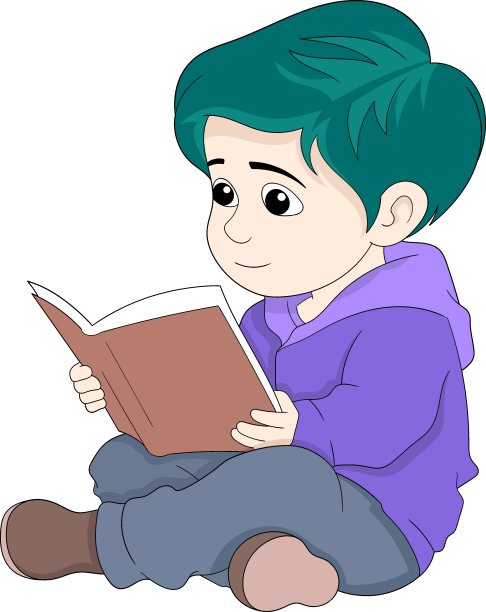 教育卡通涂鸦插画，蹒跚学步的小男孩正开心地坐在那里读一本知识书图片下载