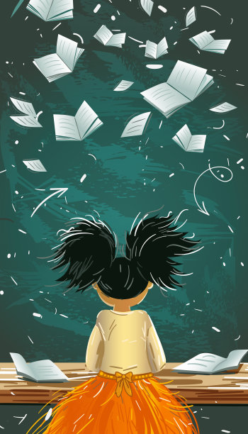 女学生的后视图，在绿色的黑板背景上，粉笔涂鸦和飞行的书在教室前面。回到学校的海报，矢量插图图片下载