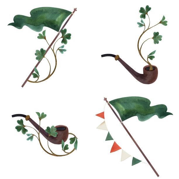 圣帕特里克节的一套插图。明信片和爱尔兰节日装饰的构图。孤立的水彩插图在白色的背景。图片下载