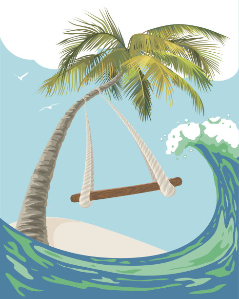 在棕榈树上荡秋千的海景图片下载