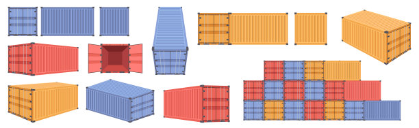 货运或货物集装箱。矢量隔离平面卡通，运输箱的运输和运输订单与船舶和车辆。多式联运钢仓，门可开可闭图片下载
