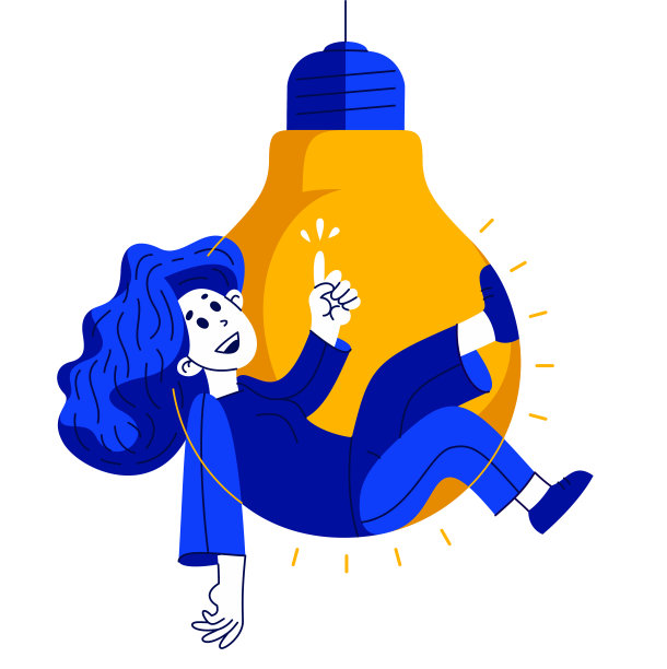 年轻女子有一个明亮的想法，一个人的矢量插图与灯泡，创造性的天才思维和产生一个完美的想法。图片下载