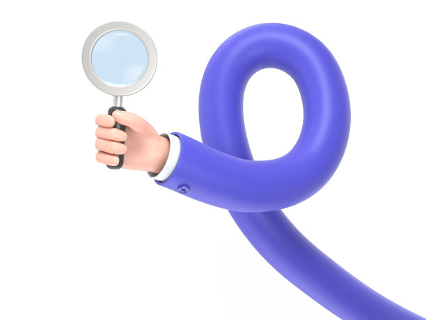 卡通手势图标模型。商人手里拿着放大镜。检查，探索，缩放，审查，审计，分析概念，白底3D渲染。长臂概念。图片下载