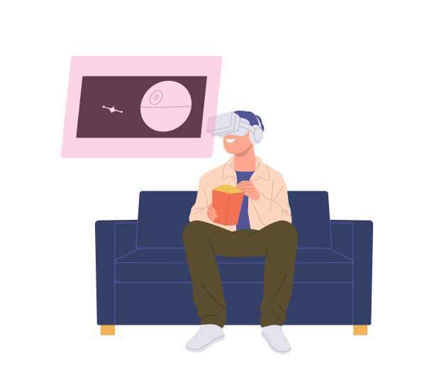 年轻的卡通人物戴着VR眼镜，坐在家里的沙发上欣赏太空电影图片下载