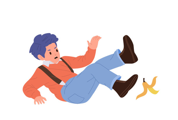 心烦意乱的男孩卡通人物在滑香蕉皮时摔倒，被隔离在白色的布景上图片下载