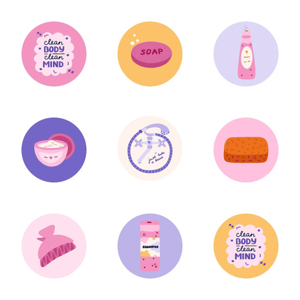 社交媒体，博客，商业，水疗，卫生和沐浴插图品牌的可爱和有趣的圆形亮点。封面图标的故事与化妆品，洗涤项目矢量剪贴画。图片下载