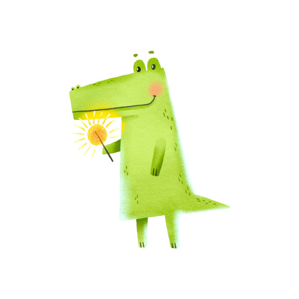 一只卡通鳄鱼手里拿着一个烟花。儿童聚会手绘插画。生日快乐。非常适合制作贺卡，婴儿送礼会，贺卡图片下载