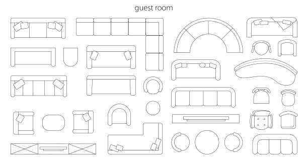 客房家具的室内设计方案。矢量平面卡通，原理图顶视图。生活空间的隔离物品，带靠垫的沙发，扶手椅和电视控制台，桌子和椅子图片下载