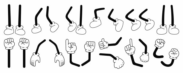 一套70年代绝妙的漫画手，腿矢量。收集卡通人物的腿，手在不同的情绪高兴，生气，悲伤，开朗。可爱的复古时髦的装饰，贴纸嬉皮士插图图片下载