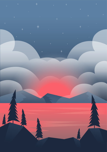 美学多云蓝山日出景观。清晨全景与森林附近的湖海报。图片下载