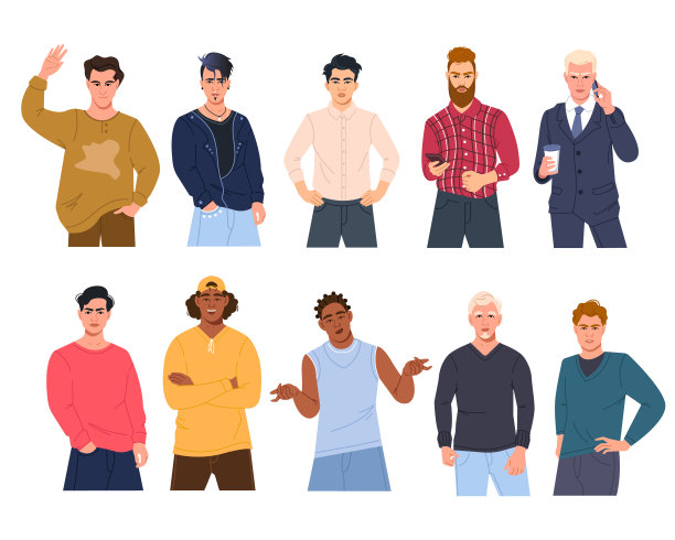一群多元化的跨国男士在时尚的平面设计风格。矢量图图片下载
