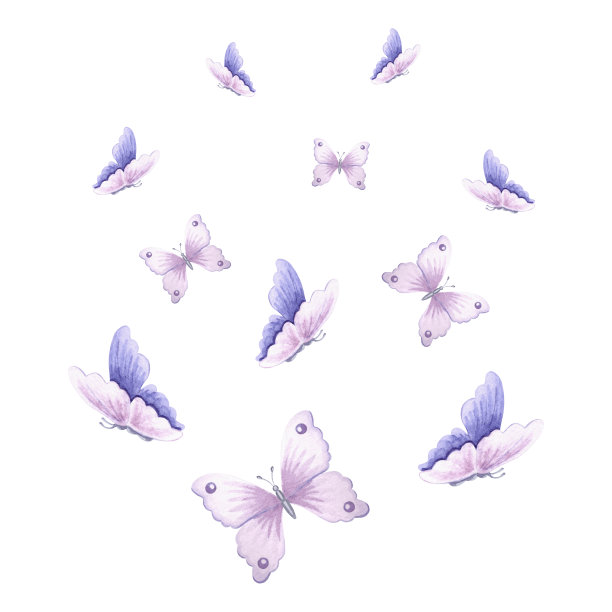 水彩画由蝴蝶飞舞的娇嫩紫罗兰色组成。孤立的手绘插画春天外来野生昆虫。明信片、餐具、纺织品、贴纸、刺绣等模板制图。图片下载