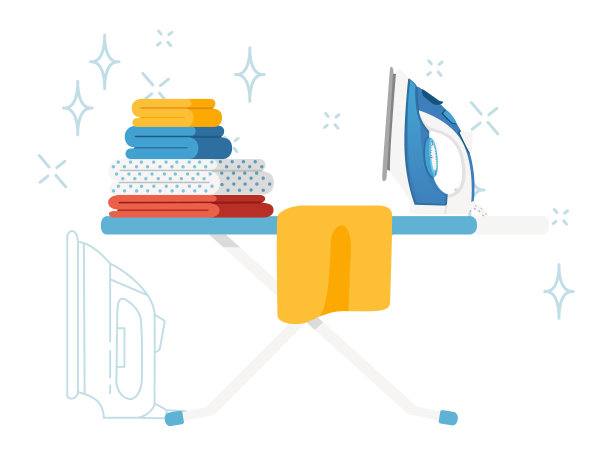 金属熨衣板与软蓝色覆盖的手熨烫衣服矢量插图隔离在白色背景上图片下载