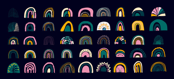 一组抽象彩虹。现代手绘彩虹在极简主义斯堪的纳维亚风格。孩子素描。不同形状的彩虹。彩色当代艺术。趋势矢量设计，横幅，海报，卡片。图片下载