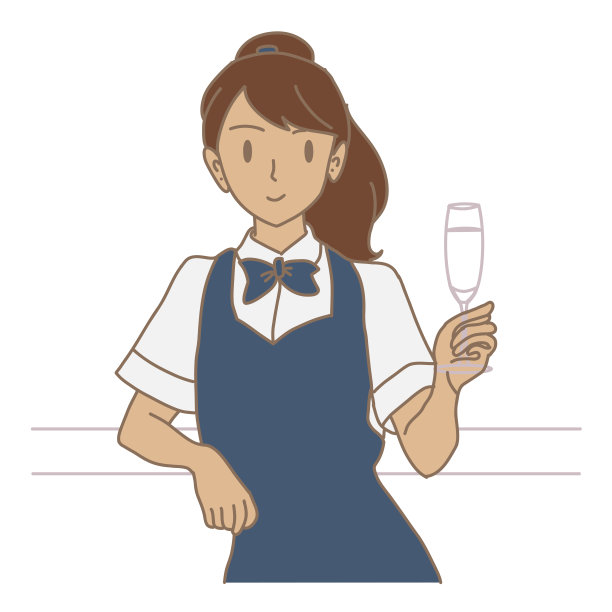 穿制服的女酒保拿着香槟酒杯，胳膊靠在柜台上。服务员端着酒杯。手绘平面卡通人物矢量插图。图片下载