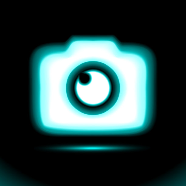 照片相机蓝色发光霓虹灯图标。灯，标志按钮灯，黑色背景设计符号。荧光对象。发光暗广告，发光照明，插图Ui。图片下载