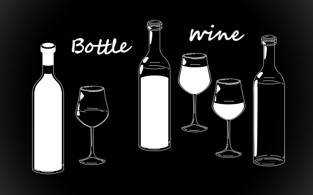 集复古白瓶，线条绘制眼镜和葡萄酒轮廓，老式老式手绘黑色背景。插图孤立。每股收益10图片下载