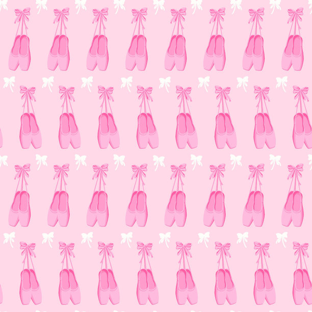 无缝图案在粉红色的背景足尖鞋和白色的蝴蝶结。年轻芭蕾舞者织物印花图案。图片下载