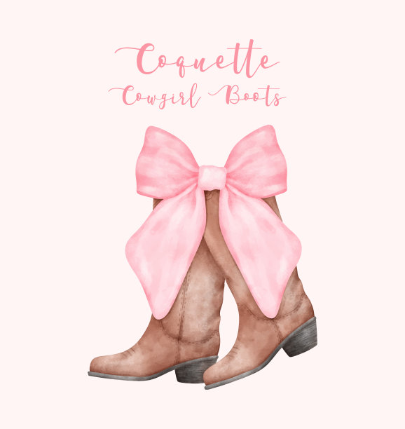 风骚牛仔女靴粉色蝴蝶结水彩。美学手绘插画图片下载