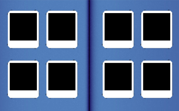 组装设计相册。照片卡，模型。空白框架与空白空间的图像，隔离在经典的蓝色背景。复古模板现实设置。插图。图片下载