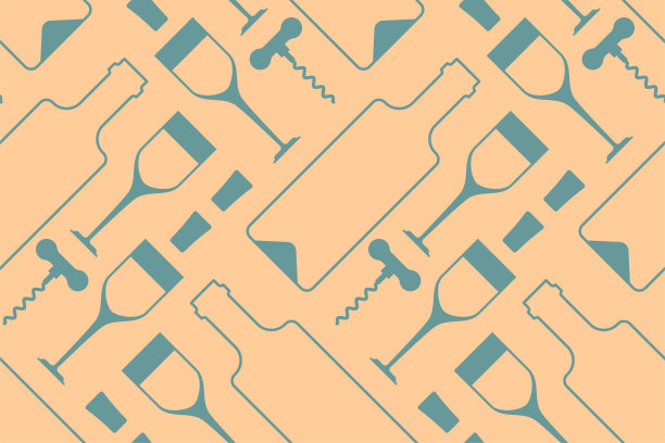 葡萄酒图案无缝。一瓶白酒和一杯葡萄酒和开瓶器背景。酒楼装饰图片下载