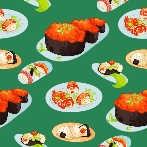 寿司卷无缝图案日本亚洲食品矢量设计孤立的彩色背景图片下载