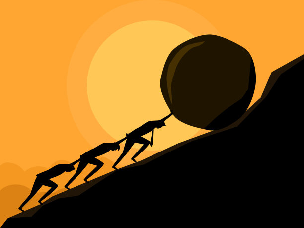 团队的努力。一队商人决心把这块岩石推上山图片下载