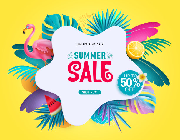 夏季销售文本矢量横幅设计。夏季限时特惠，热带树叶和火烈鸟元素5折优惠。图片下载