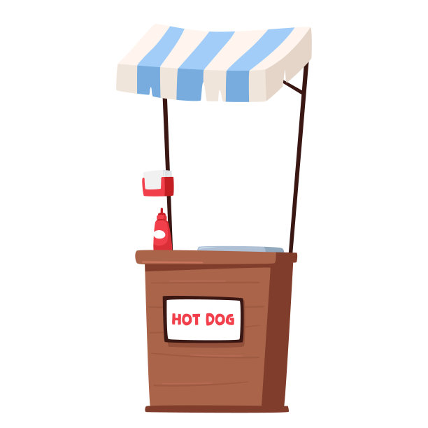 充满活力的热狗摊位亭，装饰着一个彩色条纹天篷，散发出诱人的香气，卡通插图图片下载