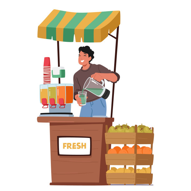 推销员角色巧妙地倒充满活力，新鲜果汁在他繁华的摊位，卡通矢量插图图片下载