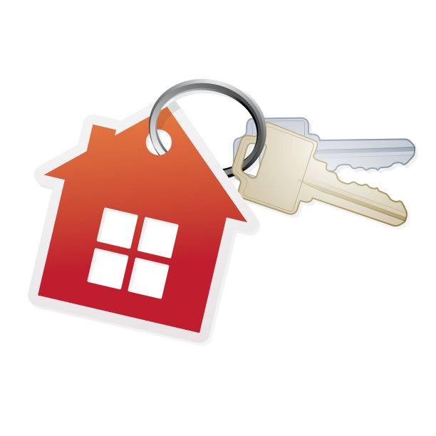 房子形状的红色钥匙链与金色和银色的钥匙图片下载