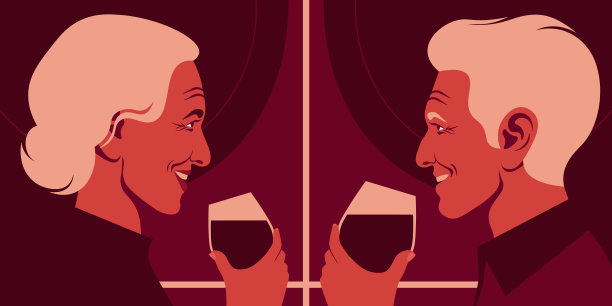 快乐的老男人和老女人端着红酒杯。图片下载