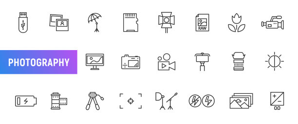 摄影线图标全景相机照片侧视图标志。照片矢量线图标插图艺术图片下载