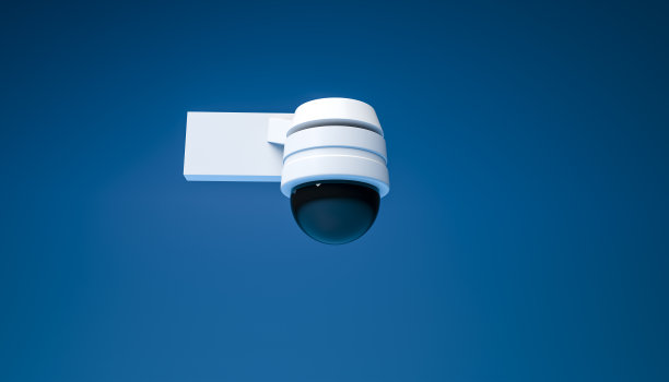 安全摄像头在3d渲染图像与蓝色背景在特写与前视图图片下载