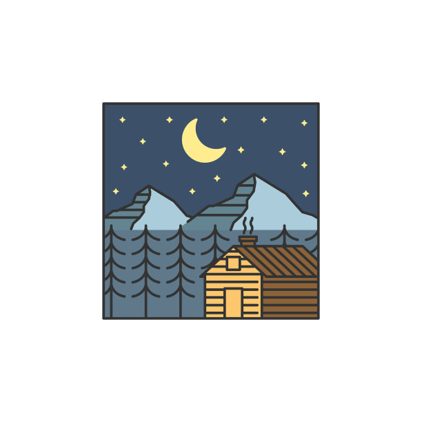 山夜和小屋徽章矢量插图单线或线条艺术风格图片下载