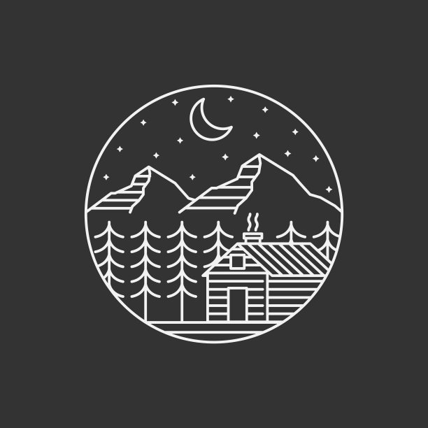 山夜和小屋徽章矢量插图单线或线条艺术风格图片下载