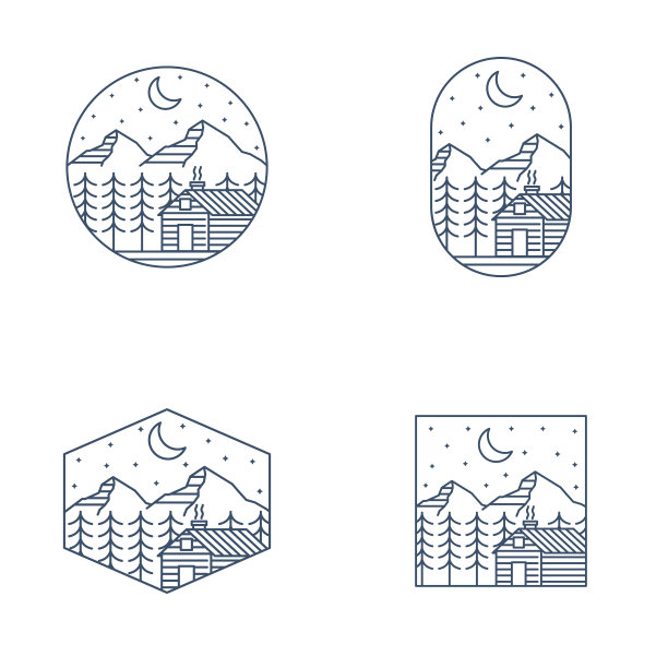 山夜和小屋徽章矢量插图单线或线条艺术风格图片下载