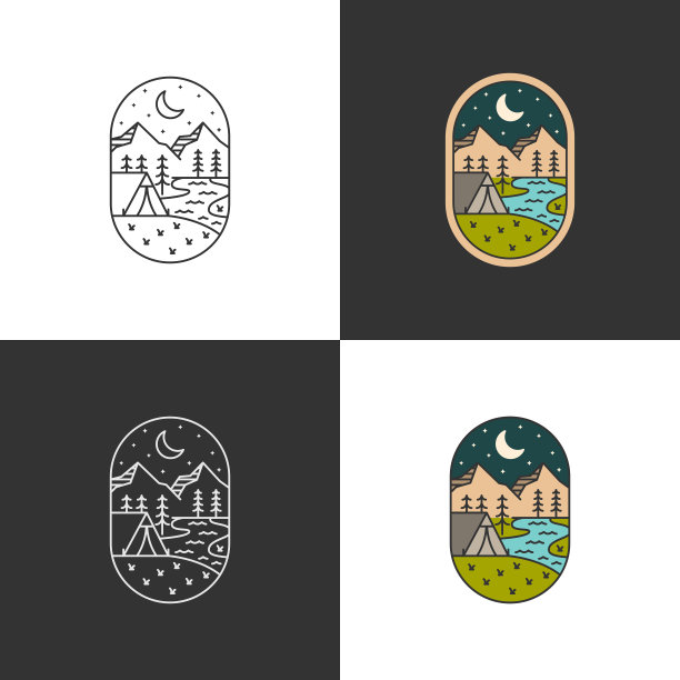 夜营山徽章矢量插图。山和帐篷单线或线条艺术风格图片下载