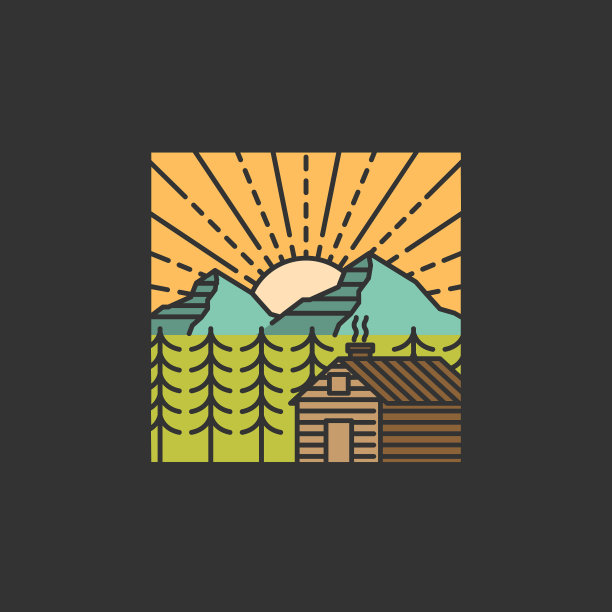 山早晨和小屋徽章矢量插图单线或线条艺术风格图片下载