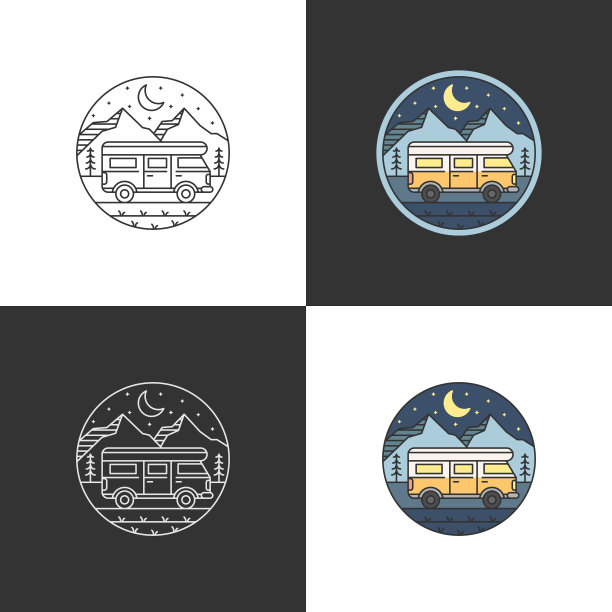 山和露营车徽章矢量插图。夜山和露营车单线或线条艺术风格图片下载