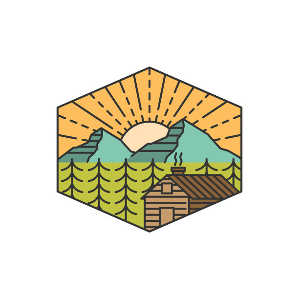 山早晨和小屋徽章矢量插图单线或线条艺术风格图片下载